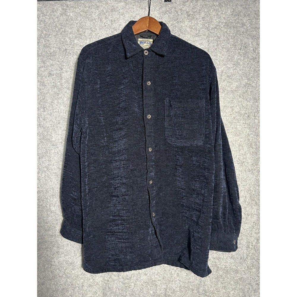 Northern Spirit Wear Textured Chenille Button Shirt Men's Medium Navy 90s Y2K